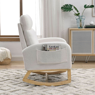 [Video] Welike 27.6"W Modern Accent High Backrest Living Room Lounge Arm Rocking Chair, Two Side Pocket ,Teddy White (Ivory) - Discount Msrp 