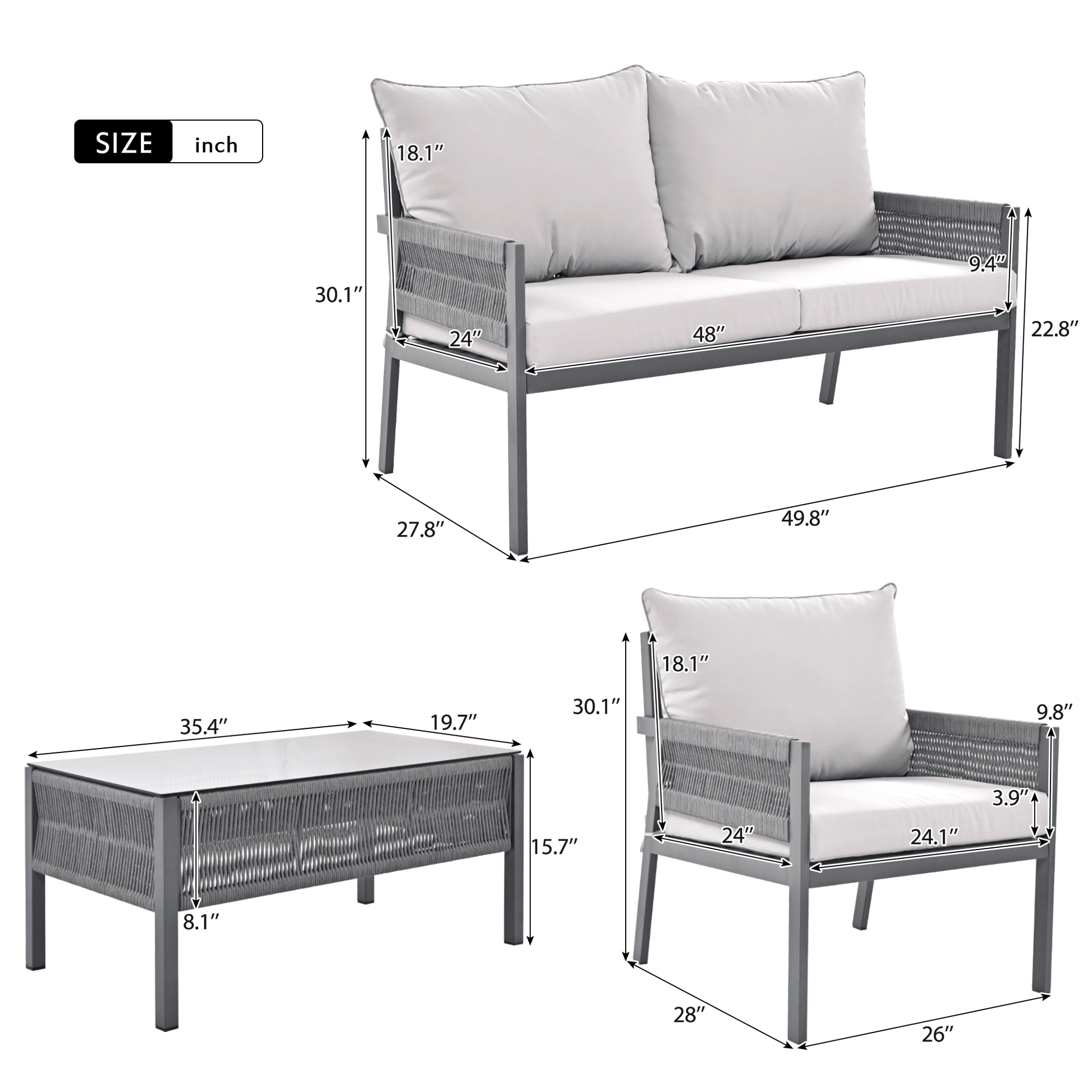 4-Piece Rope Patio Furniture Set, Outdoor Furniture with Tempered Glass Table, Patio Conversation Set Deep Seating with Thick Cushion for Backyard Porch Balcony - Discount Msrp 