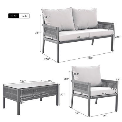 4-Piece Rope Patio Furniture Set, Outdoor Furniture with Tempered Glass Table, Patio Conversation Set Deep Seating with Thick Cushion for Backyard Porch Balcony - Discount Msrp 
