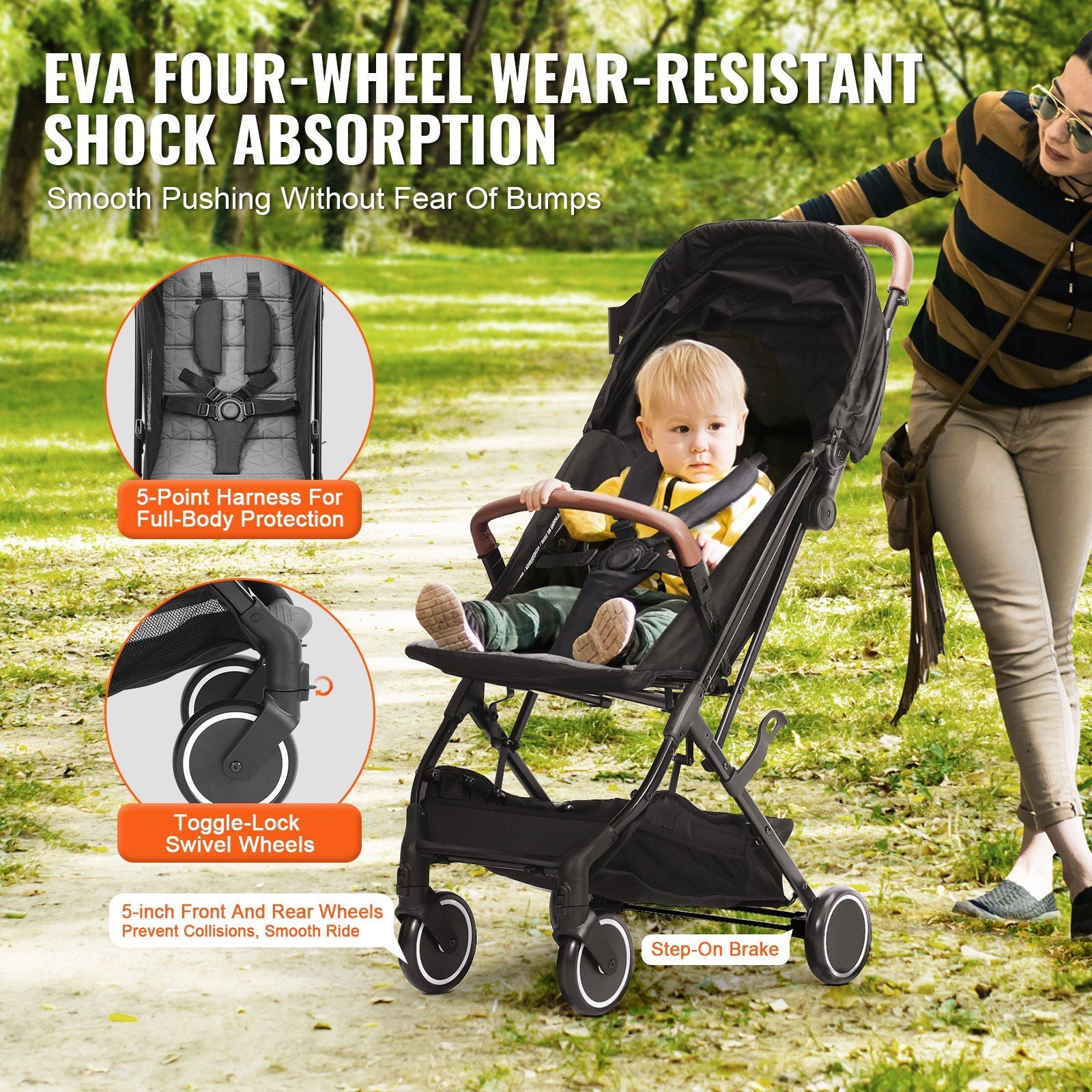VEVOR Standard Baby Infant Stroller, Toddler Stroller with 95°-150° Adjustable Backrest & & 0/90°Adjustable Footrest & One-click Folding, Newborn Stroller with Cup Holder and Carry Bag, Black - Discount Msrp 