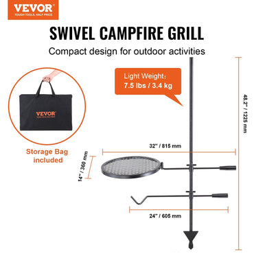 VEVOR Swivel Campfire Grill, Fire Pit Grill Grate over Fire Pits, Heavy Duty Steel Grill Grates, 360° Adjustable Open Fire Outdoor Cooking Equipment, Portable Camp Fire Racks for Camping Outdoor BBQ - Discount Msrp 