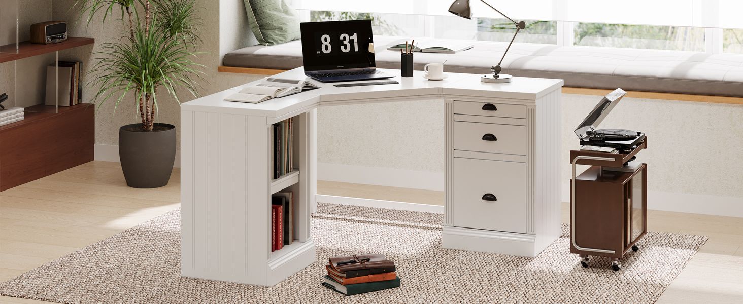57.68" Modern L Shaped Executive Desk with 2 Storage Cabinets and 3 Drawers,Corner Writing Desk,Office Desk Furniture,Computer Desks with Depth Workstation for Home Office,Living room,White - Discount Msrp 