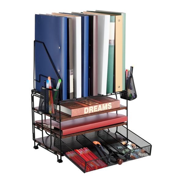 Desktop organizer with file rack, 3-layer paper letter tray organizer with drawers and 2 pen holder, mesh desktop organizer and office supplies storage with magazine rack (black) - Discount Msrp 