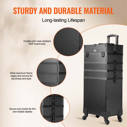 VEVOR 5 in 1 Professional Makeup Train Case Aluminum Cosmetic Case, Rolling Makeup Case Extra Large Trolley Makeup Travel Organizer, with 360° Swivel Wheels & Adjustable Pull Rod, Black - Discount Msrp 