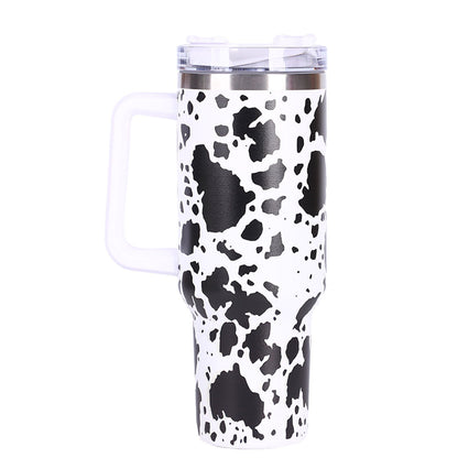 40oz 5D cowprint Insulated Tumbler With Handle And Straw Lid Portable Large Capacity water bottle, Heat preservation,304 Stainless Steel Cup For Outdoor Sports, Travel & Camping Birthday Gift - Discount Msrp 