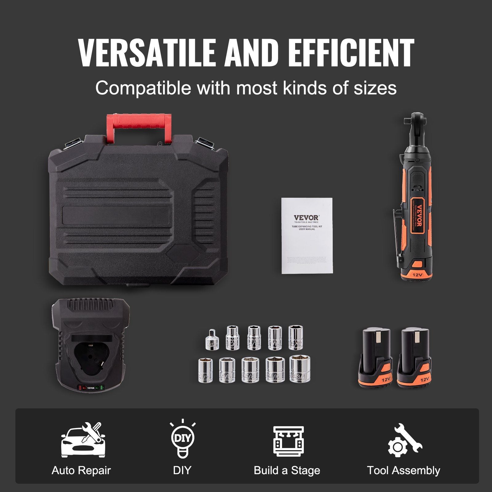 VEVOR 3/8" Cordless Electric Ratchet Wrench Set, 12V 33 Ft-lbs Power Ratchet Tool Kit, 45-Min Fast Charge, 2-Pack 2.0Ah Battery, Built-in LED Light, Variable Speed Trigger, 10 Sockets - Discount Msrp 
