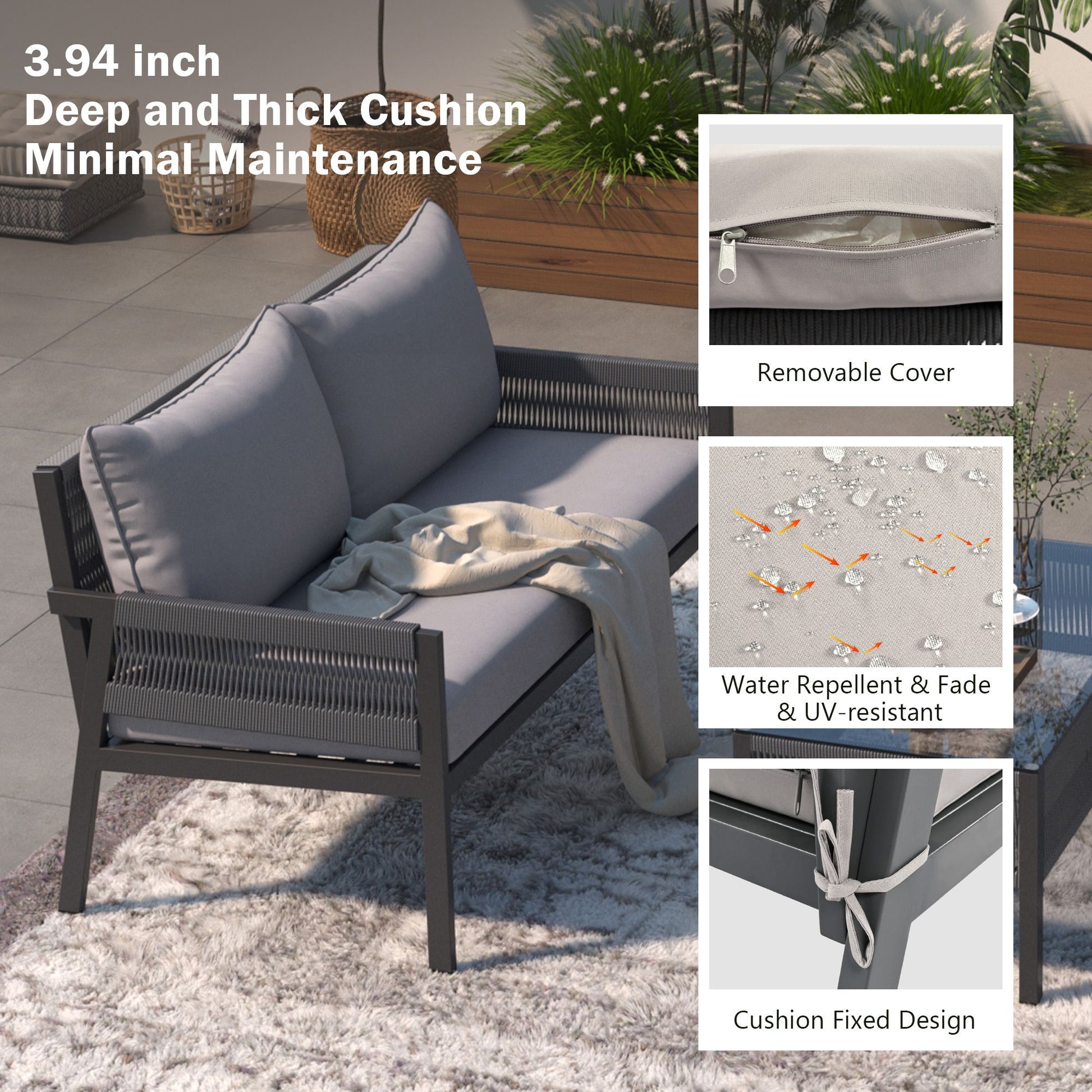 4-Piece Rope Patio Furniture Set, Outdoor Furniture with Tempered Glass Table, Patio Conversation Set Deep Seating with Thick Cushion for Backyard Porch Balcony - Discount Msrp 