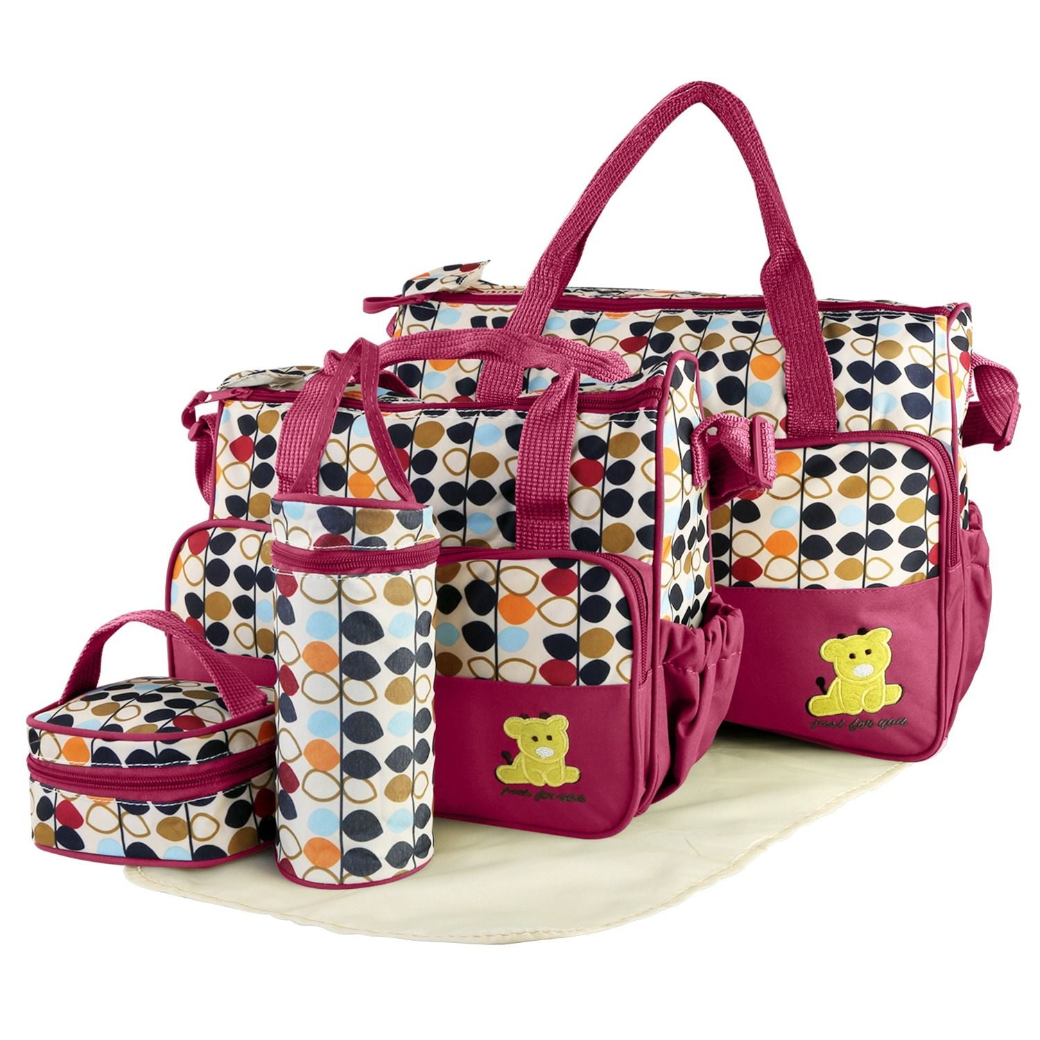 5PCS Baby Nappy Diaper Bags Set Mummy Diaper Shoulder Bags w/ Nappy Changing Pad Insulated Pockets Travel Tote Bags - Discount Msrp 