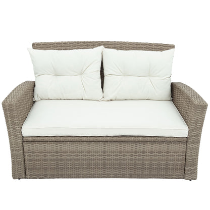 Patio Furniture Set; 4 Piece Outdoor Conversation Set All Weather Wicker Sectional Sofa with Ottoman and Cushions - Discount Msrp 