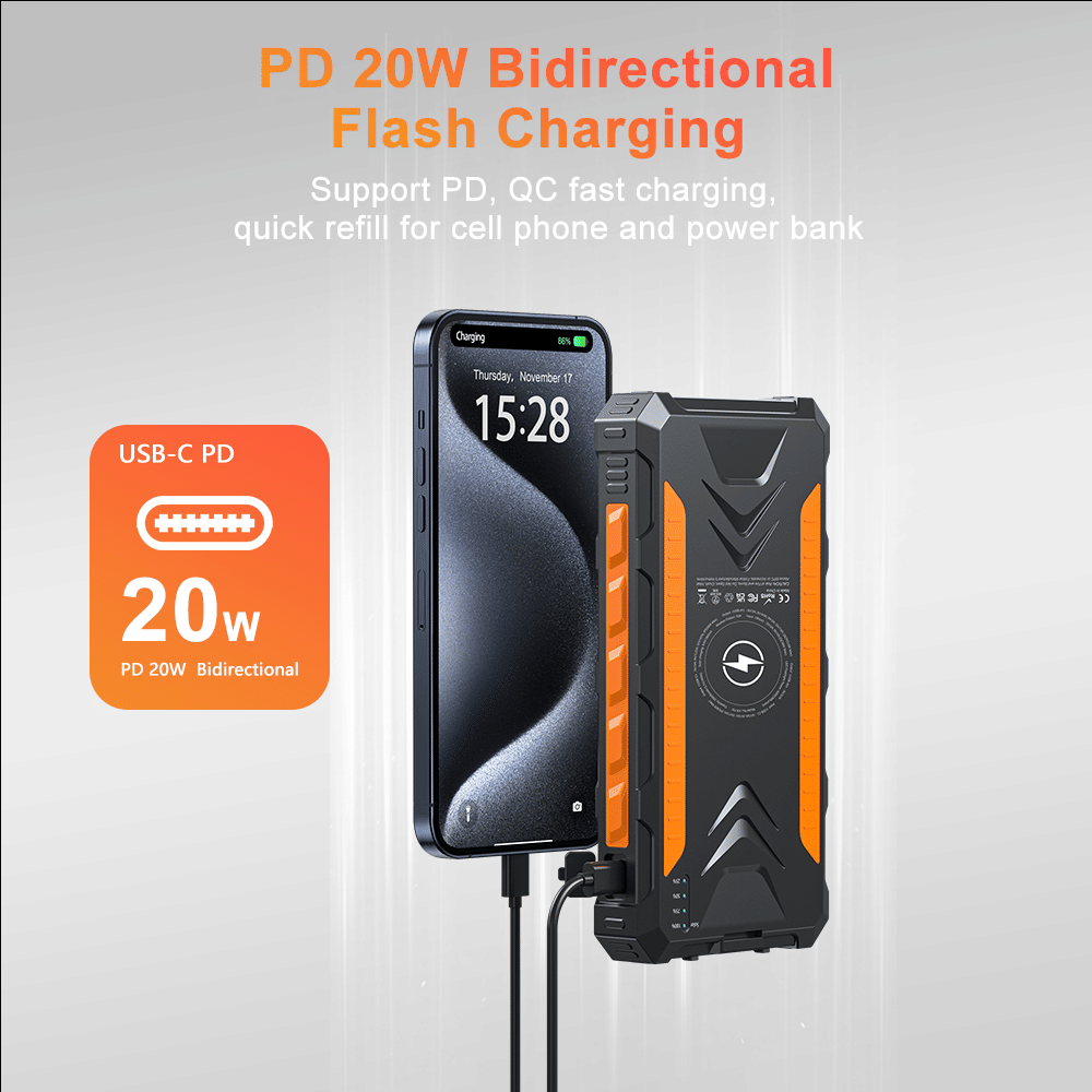 Power Bank Wireless Charger 20000mAh Fast Charging Power Bank for All Mobile Devices, Solar Portable Charger with Dual Flashlights, Carabiner - Discount Msrp 