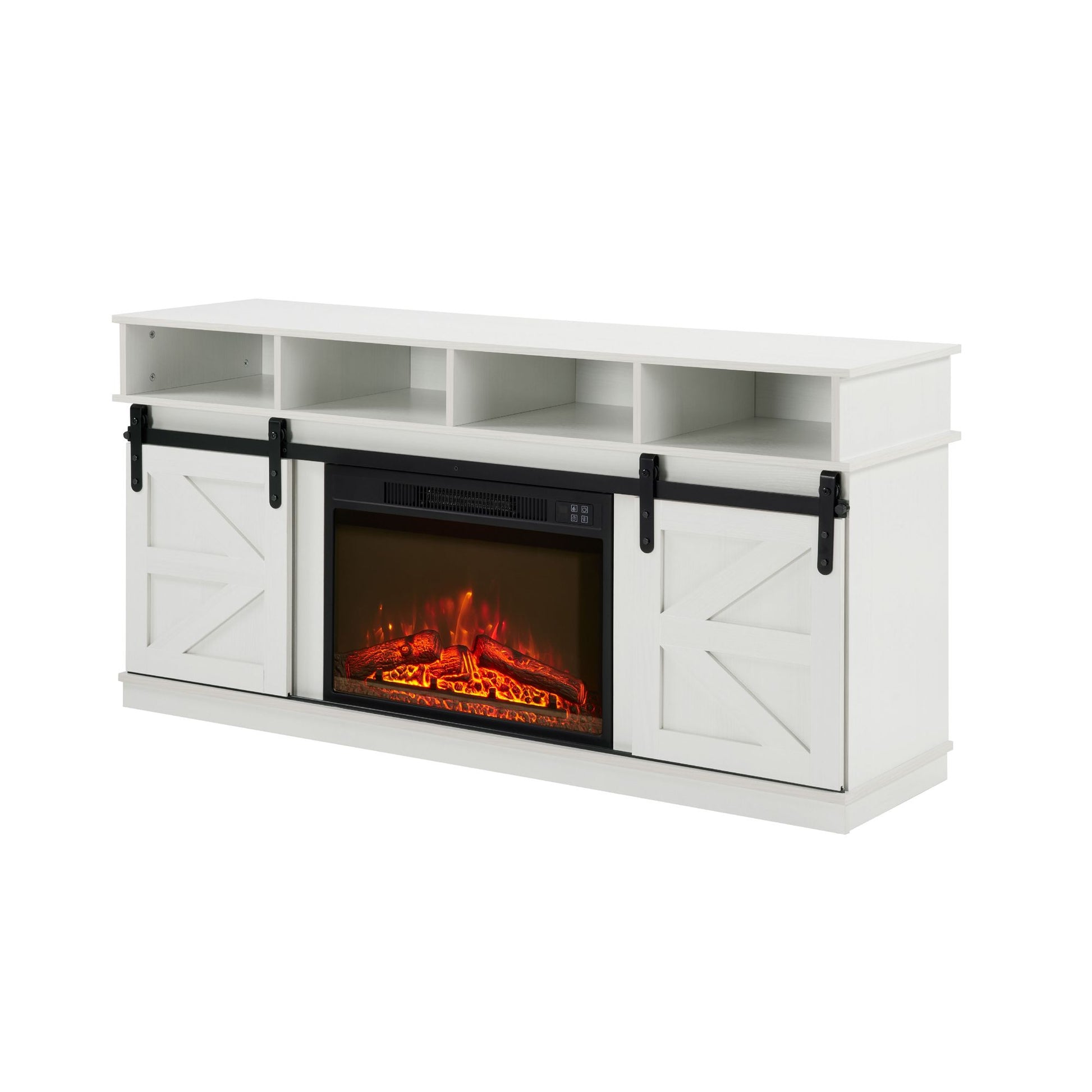 Modern Farmhouse TV Media Stand, Large Barn Inspired Home Entertainment Console, with 23" Fireplace Insert, for TV Up to 65'', with Open Shelves and Closed Cabinets, White - Discount Msrp 