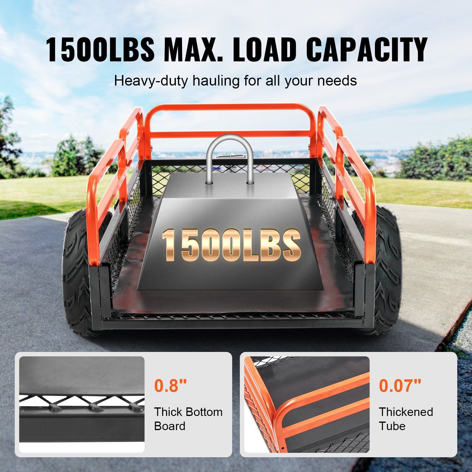 VEVOR Heavy Duty Steel ATV Dump Trailer, 1500-Pound Load Capacity 15 Cubic Feet, Tow Behind Dump Cart Garden Trailer, with Removable Sides and 2 Tires, for Mowers, Tractors, ATV, UTV - Discount Msrp 