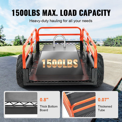VEVOR Heavy Duty Steel ATV Dump Trailer, 1500-Pound Load Capacity 15 Cubic Feet, Tow Behind Dump Cart Garden Trailer, with Removable Sides and 2 Tires, for Mowers, Tractors, ATV, UTV - Discount Msrp 