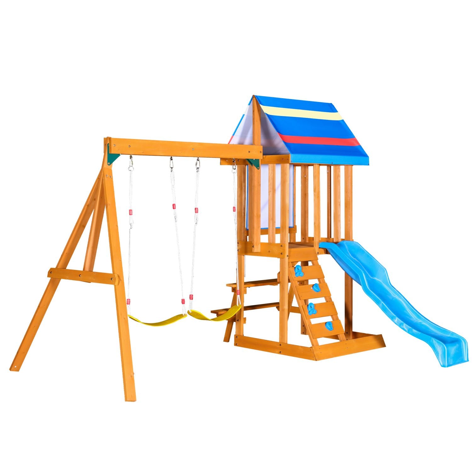 Wooden Outdoor Swing Set 3 in 1 Swing Set outdoor Children's Playset with Slide , 2 Swings and Climber for Garden, Backyard and Playground, Blue - Discount Msrp 