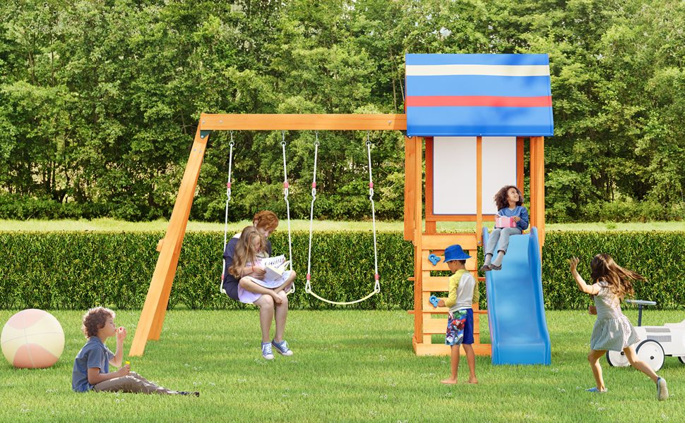 Wooden Outdoor Swing Set 3 in 1 Swing Set outdoor Children's Playset with Slide , 2 Swings and Climber for Garden, Backyard and Playground, Blue - Discount Msrp 