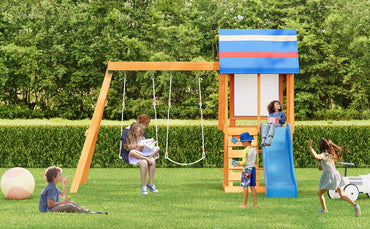 Wooden Outdoor Swing Set 3 in 1 Swing Set outdoor Children's Playset with Slide , 2 Swings and Climber for Garden, Backyard and Playground, Blue - Discount Msrp 