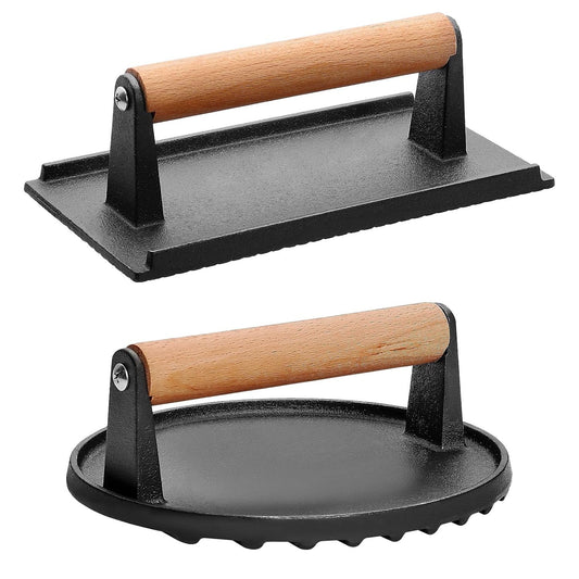 2Pcs Cast Iron Grill Press Pre-Seasoned Steak Weights Smash Burger Press Bacon Meat Smasher with Wood Handle 7in Round & 8.2x4.25in Rectangular Grill Press - Discount Msrp 