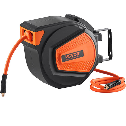 VEVOR Retractable Air Hose Reel, 3/8 IN x 50 FT Hybrid Air Hose Max 300PSI, Air Compressor Hose Reel with 5 ft Lead in, Ceiling / Wall Mount Enclosed Air Reel, 180° Swivel Mount - Discount Msrp 