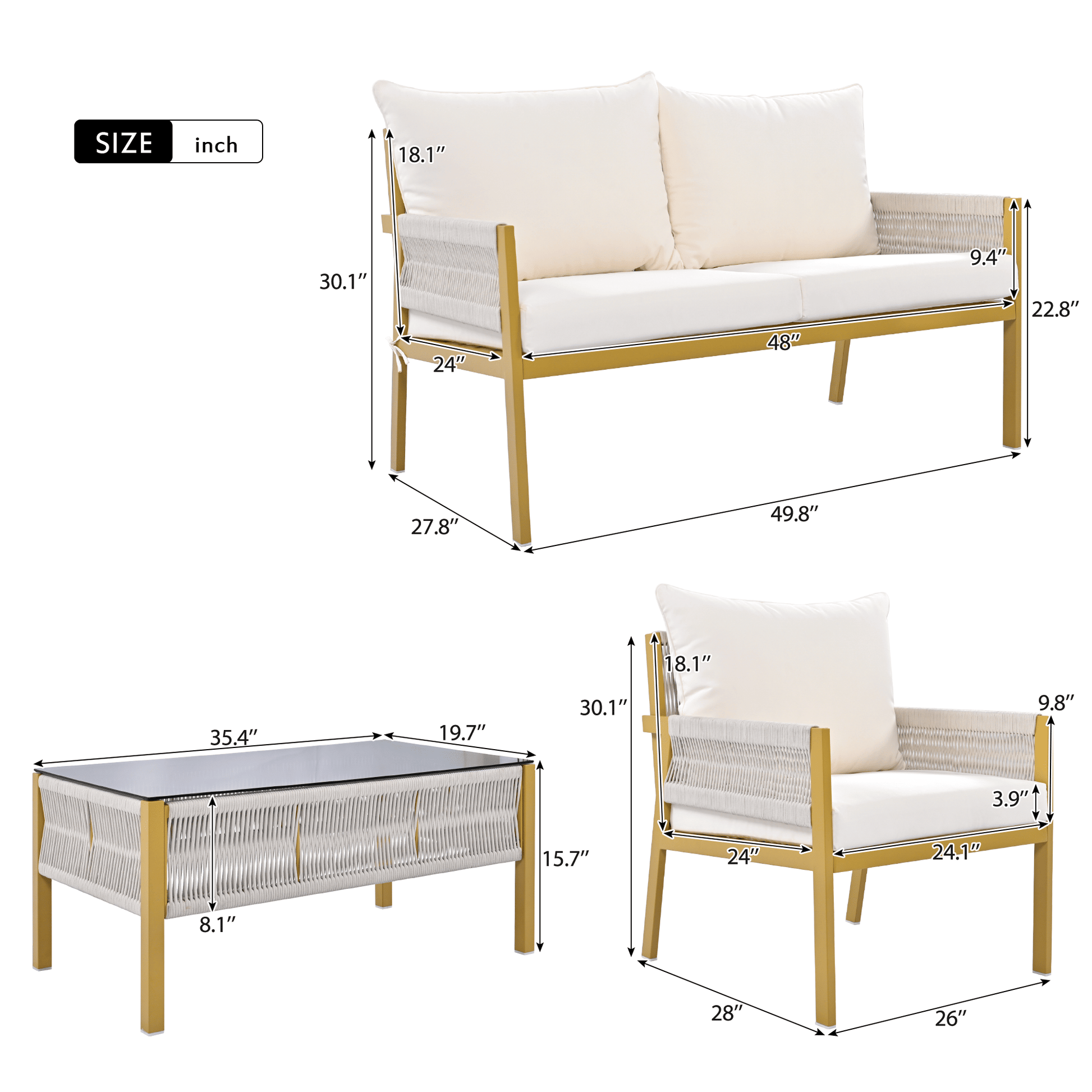 4-Piece Rope Patio Furniture Set, Outdoor Furniture with Tempered Glass Table, Patio Conversation Set Deep Seating with Thick Cushion for Backyard Porch Balcony - Discount Msrp 