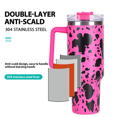 40oz 5D cowprint Insulated Tumbler With Handle And Straw Lid Portable Large Capacity water bottle, Heat preservation,304 Stainless Steel Cup For Outdoor Sports, Travel & Camping Birthday Gift - Discount Msrp 