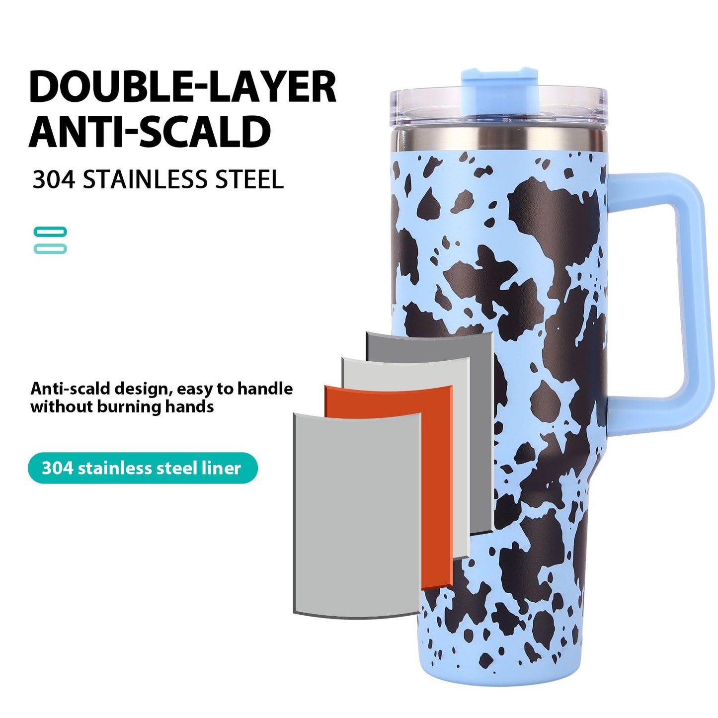 40oz 5D cowprint Insulated Tumbler With Handle And Straw Lid Portable Large Capacity water bottle, Heat preservation,304 Stainless Steel Cup For Outdoor Sports, Travel & Camping Birthday Gift - Discount Msrp 