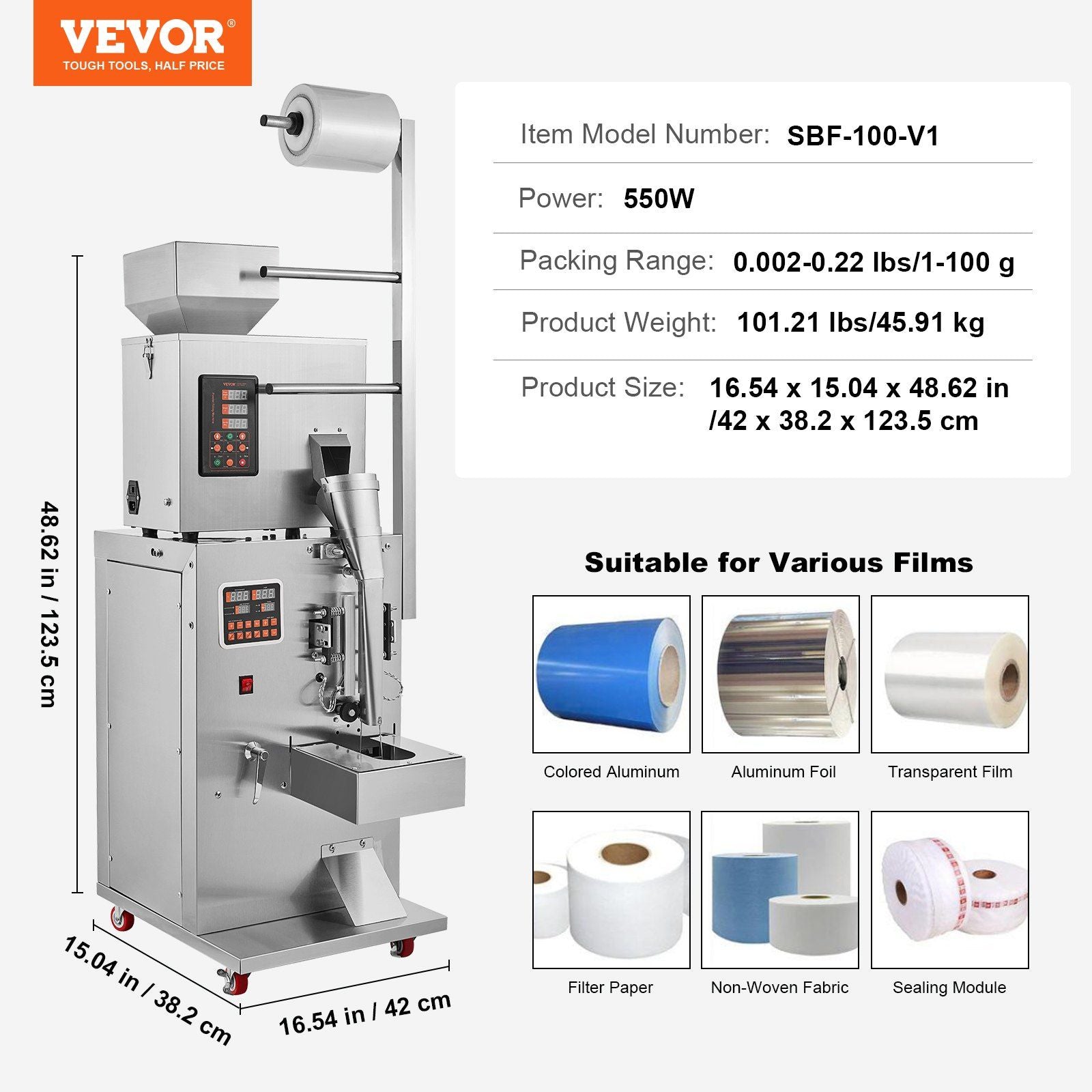 VEVOR Automatic Particle Packaging Machine, 0.002-0.22lbs/1-100g, Multi-Function Pouch Powder Sachet Weighting Filling Packing Machine, Powder Filler Machine for Tea Seeds Grains Flour Beans Glitter - Discount Msrp 
