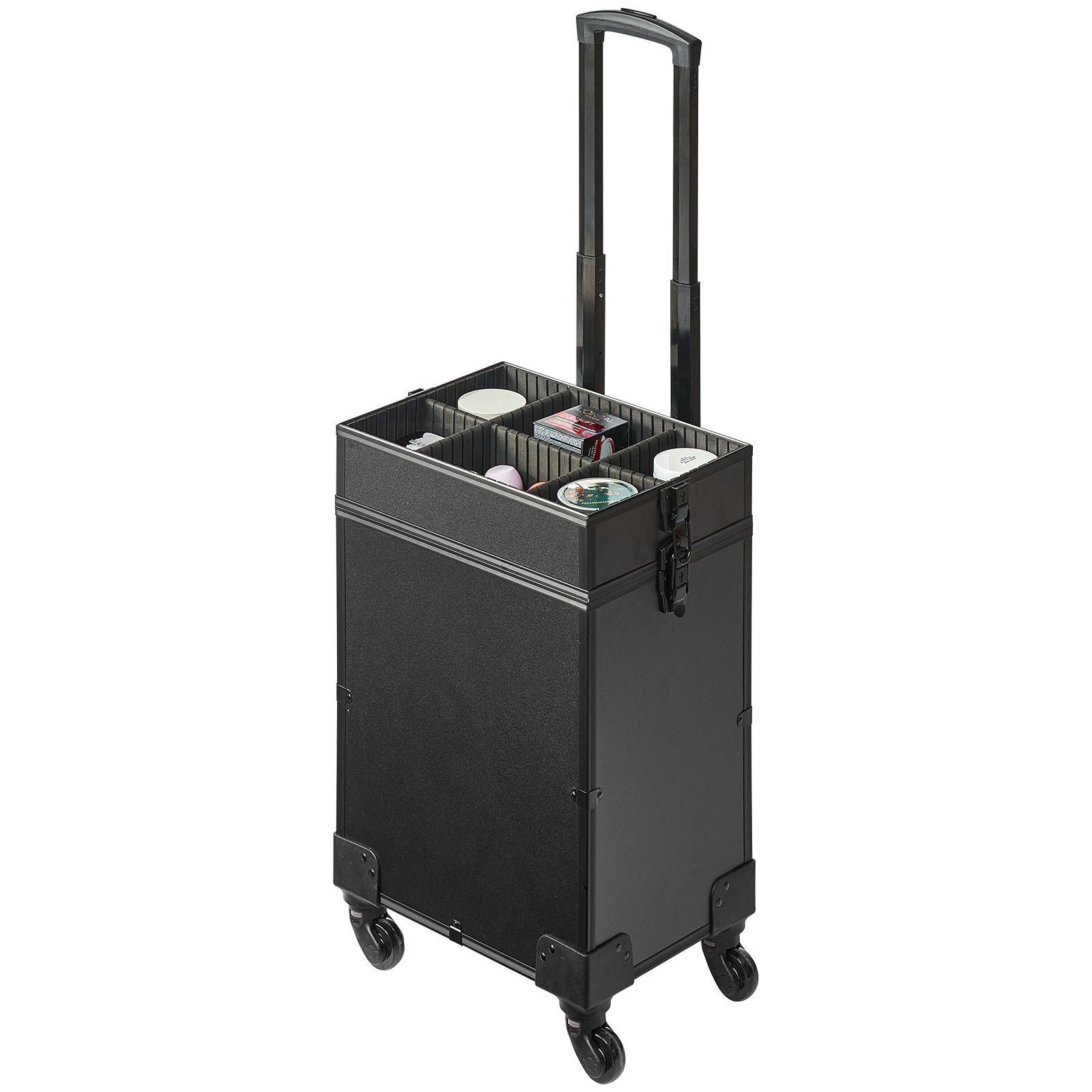 VEVOR 5 in 1 Professional Makeup Train Case Aluminum Cosmetic Case, Rolling Makeup Case Extra Large Trolley Makeup Travel Organizer, with 360° Swivel Wheels & Adjustable Pull Rod, Black - Discount Msrp 