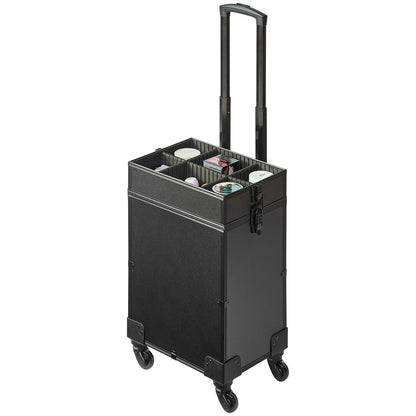VEVOR 5 in 1 Professional Makeup Train Case Aluminum Cosmetic Case, Rolling Makeup Case Extra Large Trolley Makeup Travel Organizer, with 360° Swivel Wheels & Adjustable Pull Rod, Black - Discount Msrp 