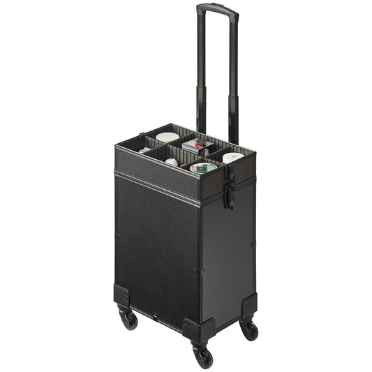 VEVOR 5 in 1 Professional Makeup Train Case Aluminum Cosmetic Case, Rolling Makeup Case Extra Large Trolley Makeup Travel Organizer, with 360° Swivel Wheels & Adjustable Pull Rod, Black - Discount Msrp 
