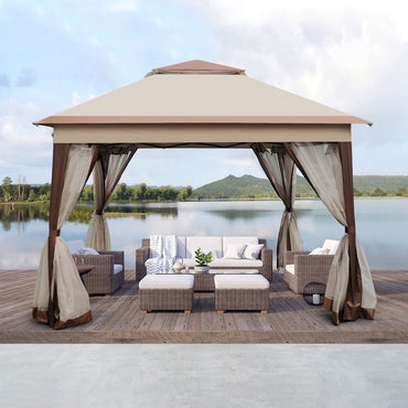 Outdoor 11x 11Ft Pop Up Gazebo Canopy With Removable Zipper Netting,2-Tier Soft Top Event Tent,Suitable For Patio Backyard Garden Camping Area,Coffee - Discount Msrp 