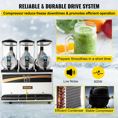 VEVOR Commercial Slushy Machine, 3x15L Tank Commercial Margarita Maker, 1200W Stainless Steel Frozen Drink Machine, Temperature Adjustment 26.6°F to 28.4°F, Perfect for Restaurants Cafes Bars - Discount Msrp 