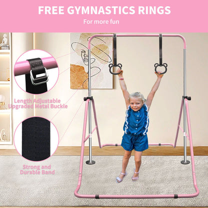 Pink Multi-Functional Adjustable Height Children's Horizontal Gymnastic Bar With Bear Rings - Discount Msrp 