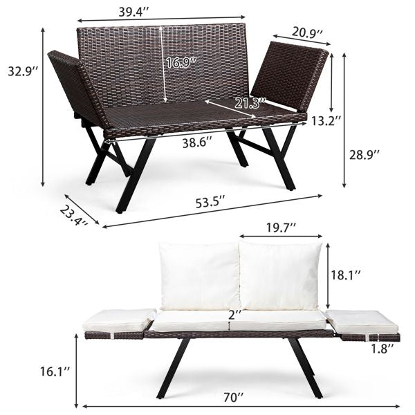 Outdoor Sofa, Woven Rattan Patio Furniture, Convertible Daybed or Double Chair with Adjustable Armrests, Cushions and Pillows for Yard Porch Pool, Gray Lounger & Beige Cushion - Discount Msrp 