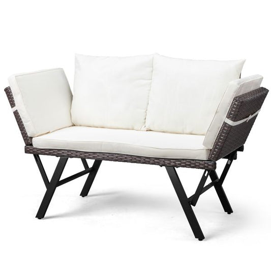 Outdoor Sofa, Woven Rattan Patio Furniture, Convertible Daybed or Double Chair with Adjustable Armrests, Cushions and Pillows for Yard Porch Pool, Gray Lounger & Beige Cushion - Discount Msrp 