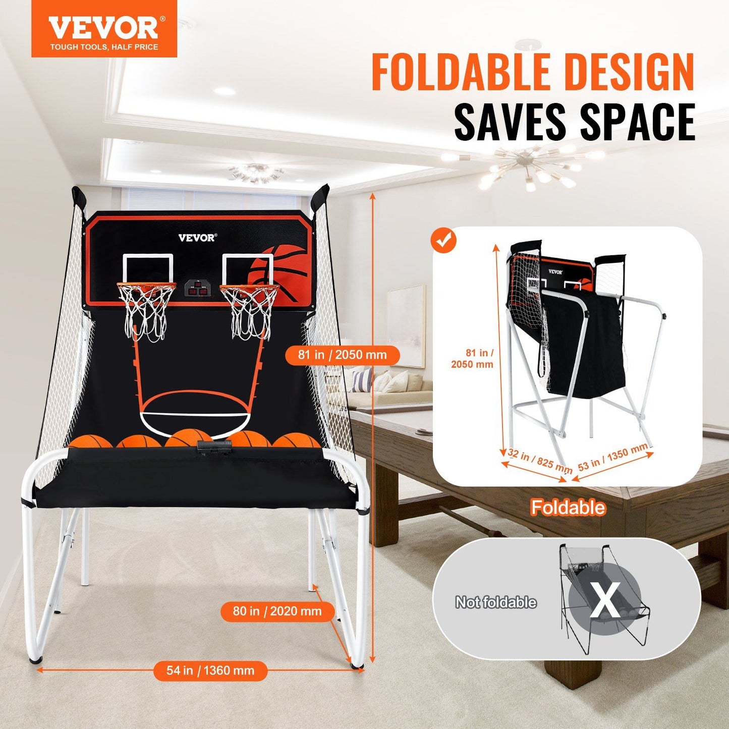 VEVOR Foldable Basketball Arcade Game, 2 Player Indoor Basketball Game, Home Dual Shot Sport with 5 Balls, 8 Game Modes, Electronic Scoreboard, and Inflation Pump, for Kids, Adults (Black & White) - Discount Msrp 