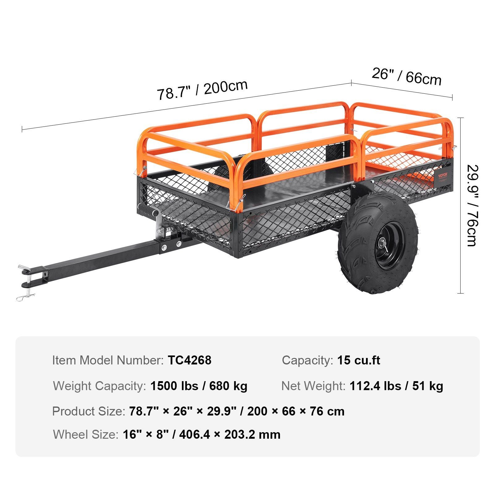 VEVOR Heavy Duty Steel ATV Dump Trailer, 1500-Pound Load Capacity 15 Cubic Feet, Tow Behind Dump Cart Garden Trailer, with Removable Sides and 2 Tires, for Mowers, Tractors, ATV, UTV - Discount Msrp 