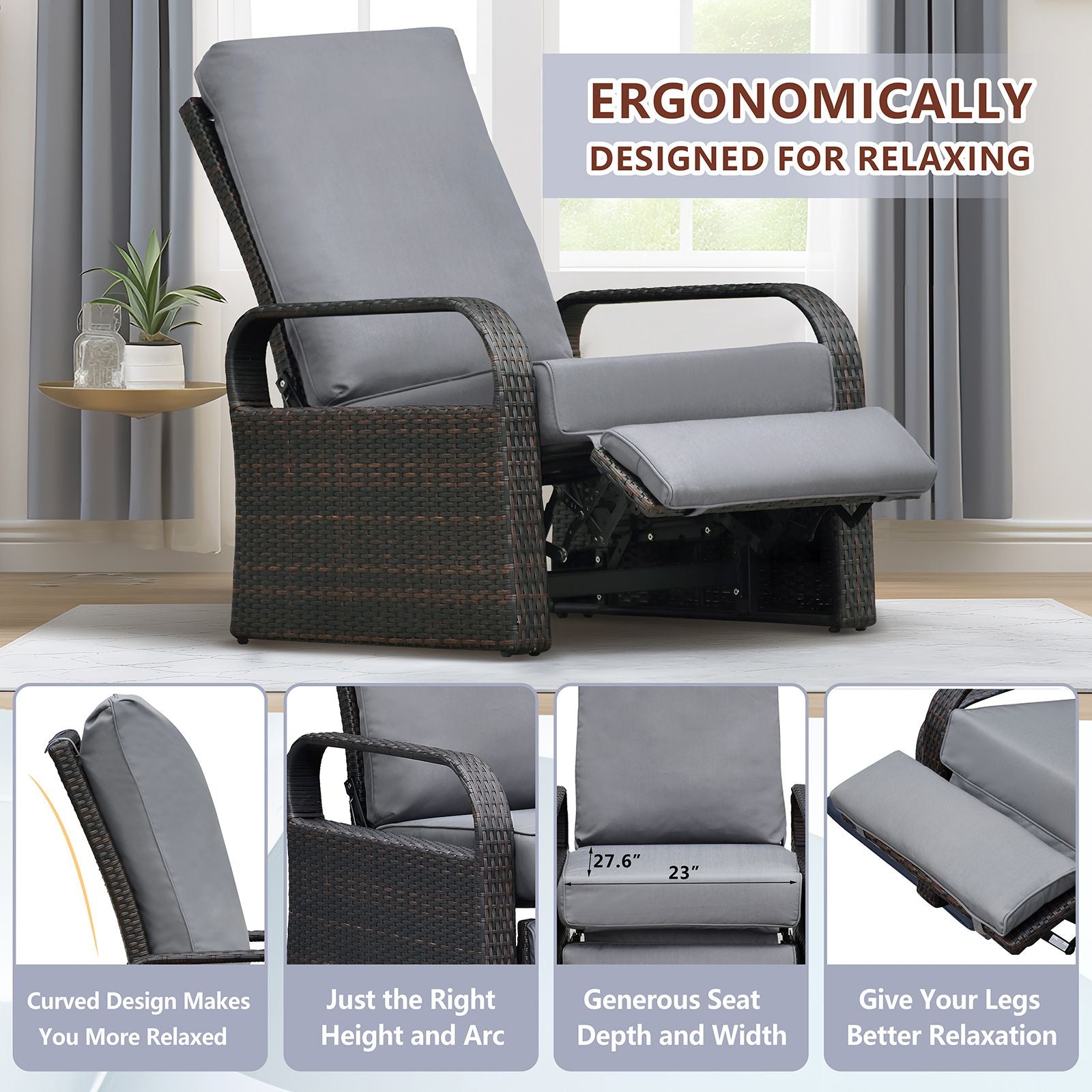 Outdoor Recliner Chair; Automatic Adjustable Wicker Lounge Recliner Chair with 5.12'' Thicken Cushion - Discount Msrp 