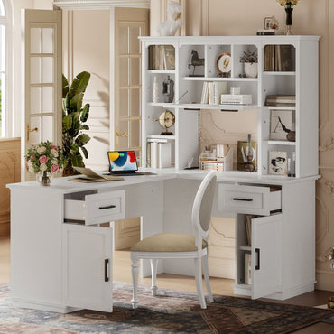 L-Shaped Computer Desk with 2 Cabinets and 2 Drawers, 11 Open Shelves and 1 Right Flip Shelf with Storage, with Power Outlet, for Study, Living Room and Office, White - Discount Msrp 