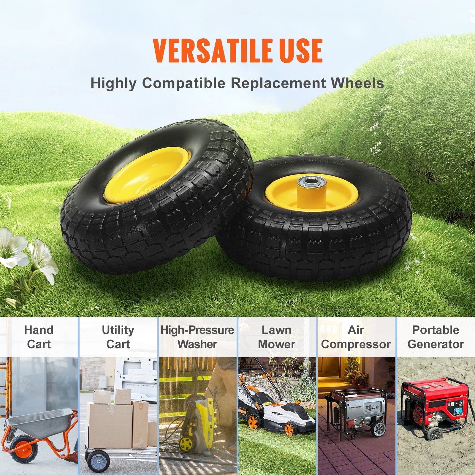 VEVOR Solid PU Run-Flat Tire Wheel, 10", 2-Pack, 400 lbs Dynamic Load, 450 lbs Static Load, Flat Free Tubeless Tires and Wheels for Hand Truck, Utility Cart, Dollies, Garden Trailers, Various Carts - Discount Msrp 
