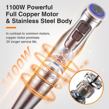 KOIOS 1100W Immersion Hand Blender, Stainless Steel Stick Blender with 12-Speed & Turbo Mode, 5-in-1 Handheld Blender with 600ml Mixing Beaker with Lid, 500ml Chopper, Whisk, Milk Frother, BPA-Free - Discount Msrp 