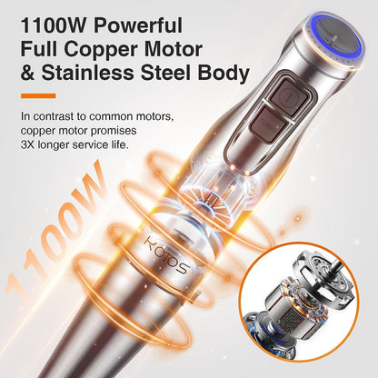 KOIOS 1100W Immersion Hand Blender, Stainless Steel Stick Blender with 12-Speed & Turbo Mode, 5-in-1 Handheld Blender with 600ml Mixing Beaker with Lid, 500ml Chopper, Whisk, Milk Frother, BPA-Free - Discount Msrp 