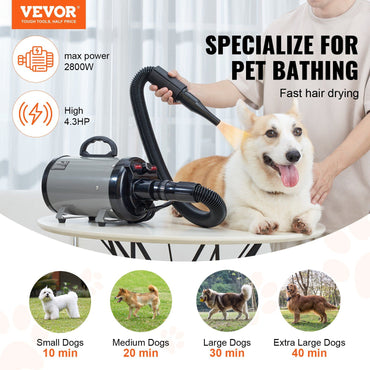VEVOR Dog Dryer, 2800W/4.3HP Dog Blow Dryer, Pet Grooming Dryer with Adjustable Speed and Temperature Control, Pet Hair Dryer with 4 Nozzles and Extendable Hose, Grey and Black - Discount Msrp 