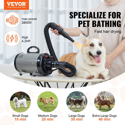 VEVOR Dog Dryer, 2800W/4.3HP Dog Blow Dryer, Pet Grooming Dryer with Adjustable Speed and Temperature Control, Pet Hair Dryer with 4 Nozzles and Extendable Hose, Grey and Black - Discount Msrp 