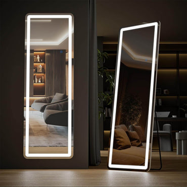 3 Color Lighting Mirror with LED Lights, 64"x21" Lighted Floor Standing Mirror with Stand - Discount Msrp 
