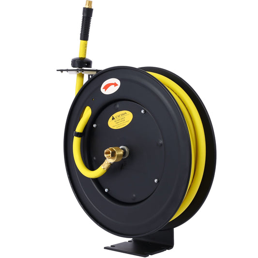 Retractable Air Hose Reel, 1/2" Inch x 50' Ft Auto Rewind Hose-Reel, Heavy Duty Steel Air Hose Reel, Industrial Grade Rubber Hose - Discount Msrp 