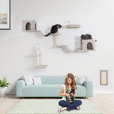 Wall-mounted Cat Tree, Cat Furniture with 2 Cat Condos House, 3 Cat Wall Shelves, 2 Ladder, 1 Cat Perch, Sisal Cat Scratching Posts and Pad - Discount Msrp 