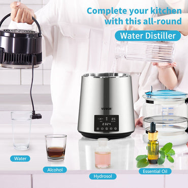 VEVOR 1.1Gal Water Distiller, 0.3Gal/H, 750W Distilled Water Maker Machine 0-99H Timing Dual Temp Display, 304 Stainless Steel Countertop Distiller Glass Carafe Cleaning Powder 3 Carbon Packs, Silver - Discount Msrp 