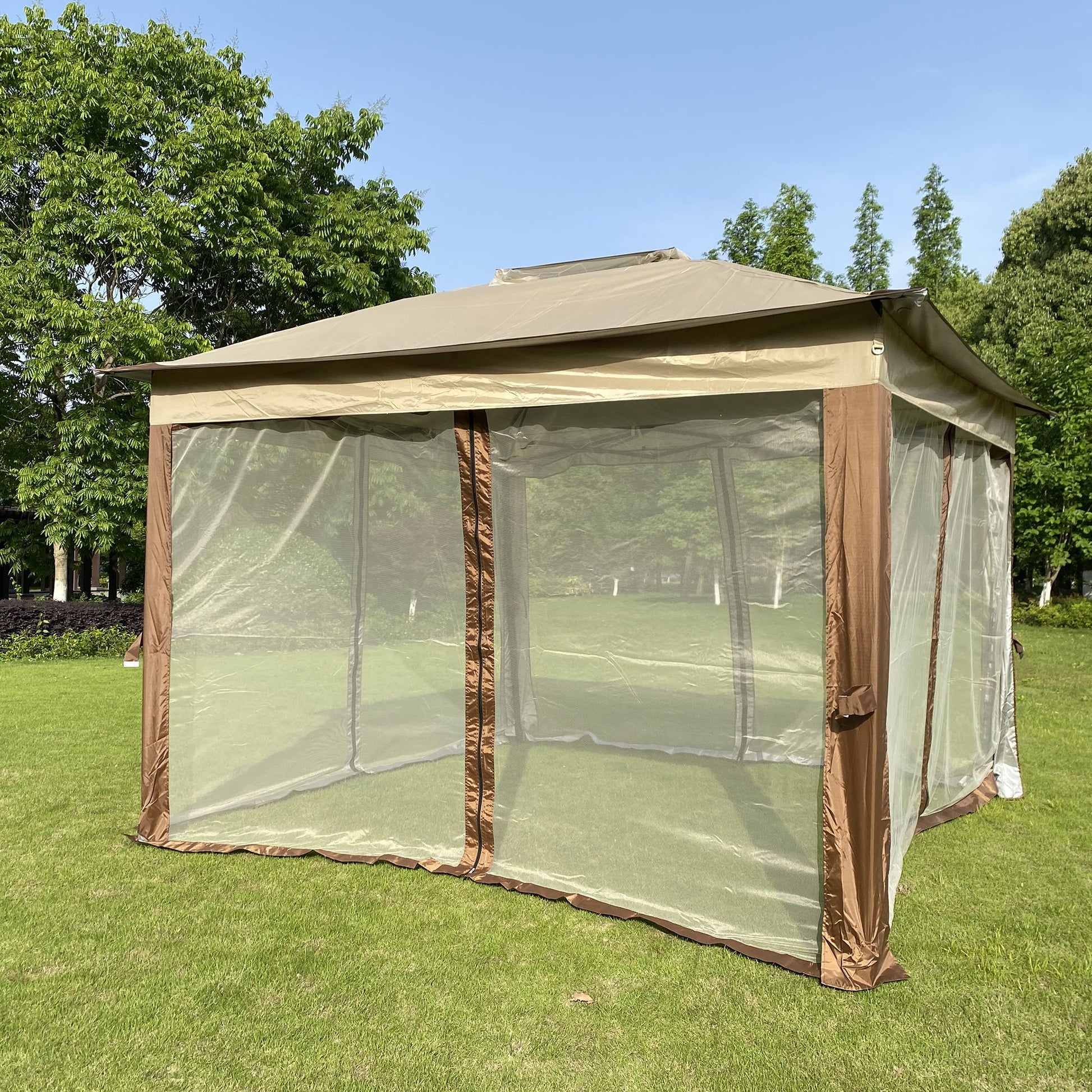 Outdoor 11x 11Ft Pop Up Gazebo Canopy With Removable Zipper Netting,2-Tier Soft Top Event Tent,Suitable For Patio Backyard Garden Camping Area,Coffee YJ - Discount Msrp 