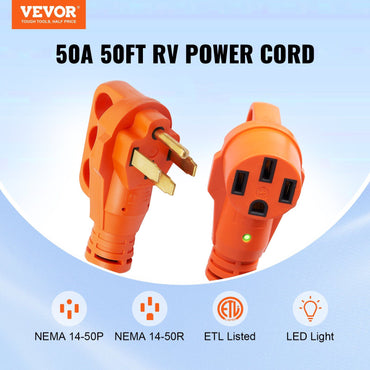 VEVOR 50 ft RV Extension Cord, 50 Amp, Heavy Duty STW RV Power Cord, NEMA 14-50R Female NEMA 14-50P Male Plug, with LED Indicator Handle 15A Adapter, for RVs, trams, generators, campers, ETL Listed - Discount Msrp 