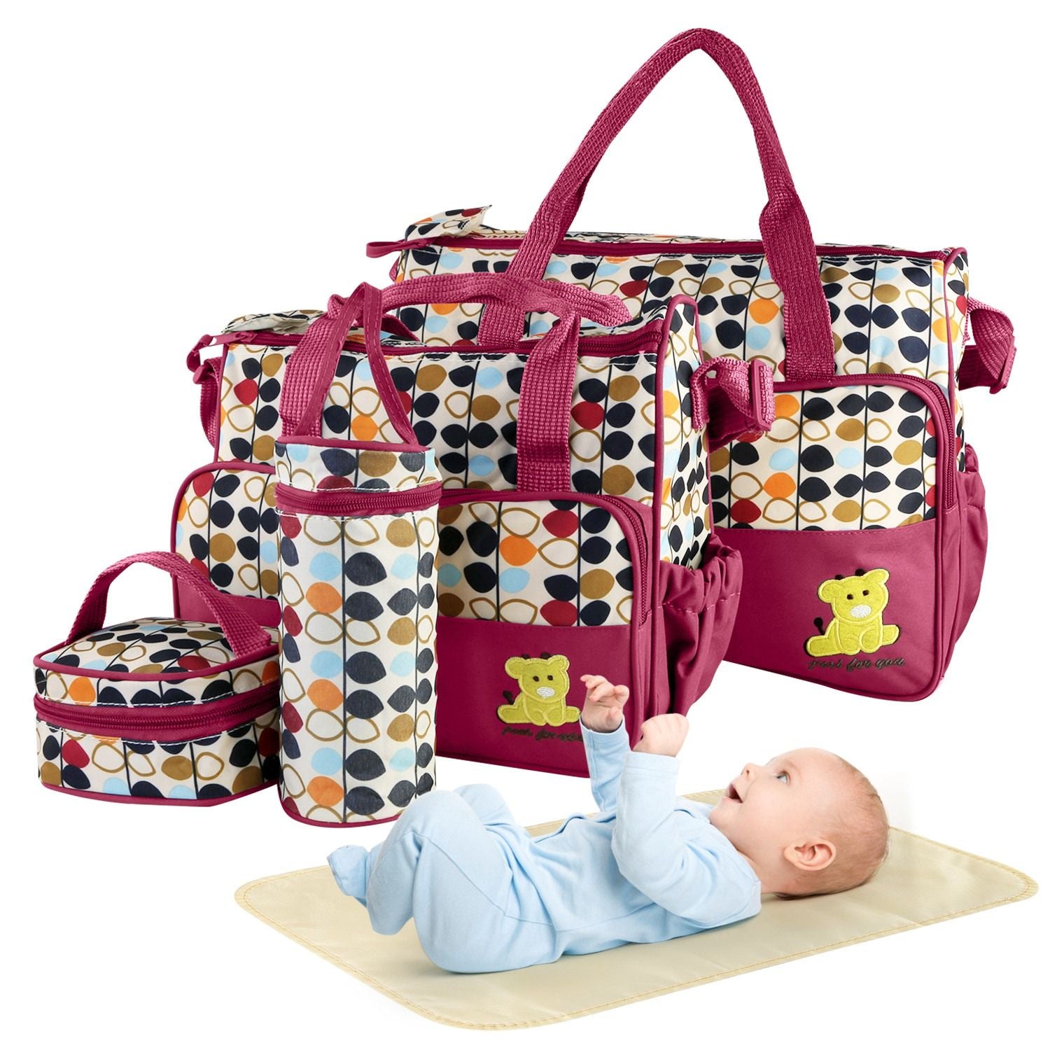 5PCS Baby Nappy Diaper Bags Set Mummy Diaper Shoulder Bags w/ Nappy Changing Pad Insulated Pockets Travel Tote Bags - Discount Msrp 
